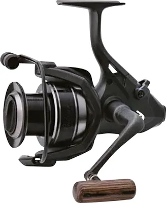 A studio shot of a fishing reel against a white background.