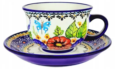 Produktbild von Handbemalte Keramiktasse mit Untertasse, 250 ml, Blumenmotiv
