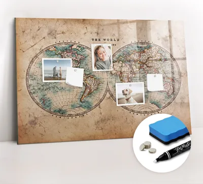 Produktbild von Magnetpinnwand Memoboard - Zubehörsatz - Weißer Marker + Schwamm + Magnete - 90 x 60 cm - Weltkugelkarte