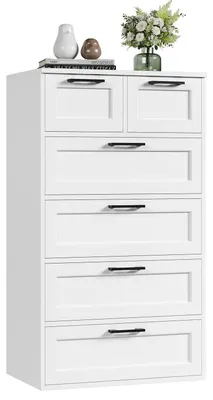 Immagine prodotto di Comodino bianco con 6 cassetti, in legno, mobiletto contenitore per soggiorno, camera da letto o ingresso, design moderno