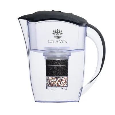 A transparent water filter pitcher with a black lid, showing its internal filter components.