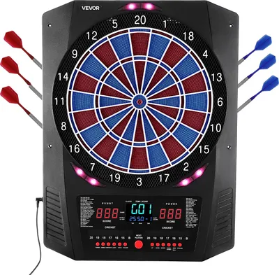 A VEVOR electronic dartboard with darts inserted.