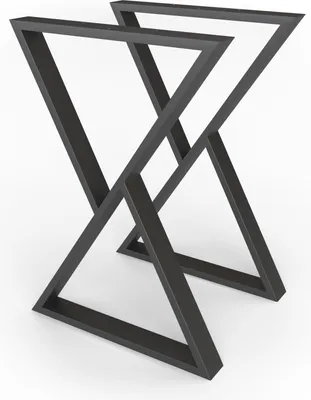 A pair of black metal table legs with an X-shaped design, shown from a diagonal angle against a white background.
