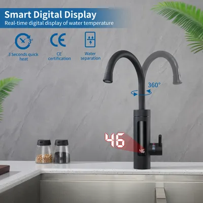 A black kitchen faucet with a digital display showing the water temperature, set against a gray tiled wall and a white countertop.