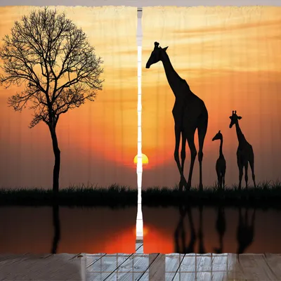 Obrázok produktu pre ARANDE Afrika záclona, siluety žiráfích rodín na kríkoch, voda, more, slnko, horizont, vzor, 280 x 260 cm, oranžová, čierna