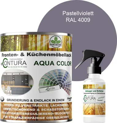 Produktbild von 750ml. + Anlauger - Contura Küchenmöbellack RAL Möbellack SEIDENMATT SET Möbelfarbe Holzlack Buntlack Küchenlack - RAL 4009 Pastellviolett