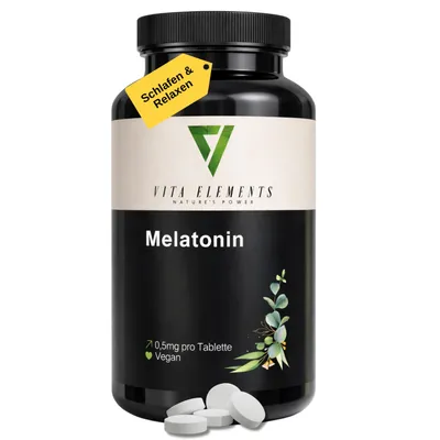 Vita Elements Melatonin Tabletten (365 Stück) für Schlafen & Relaxen, 0,5 mg pro veganer Tablette.
