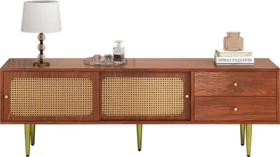 Produktbild von okwish TV-Lowboard mit 2 Schubladen und 2 Schiebetüren, TV-Schrank mit Rattan Geflecht und Metallfüße, 160*40*60cm, Vintage Braun