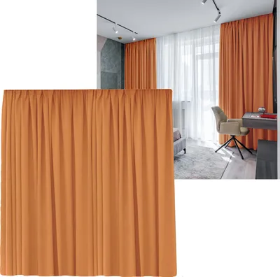 A collage showing a close-up of an orange curtain and a room with orange curtains and a desk.