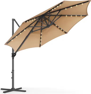 A cantilever patio umbrella with solar-powered LED lights.
