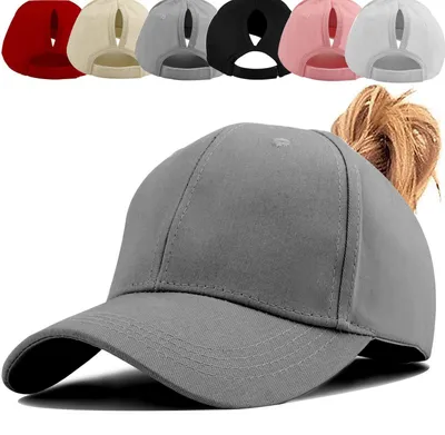 Produktbild von Baseball Cap mit Pferdeschwanz-Öffnung, Uni, Grau, 100% Baumwolle, Verstellbar