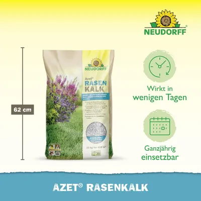 Produktbild von Neudorff Azet RasenKalk staubarm schnell löslich verhindert die Bildung von Moos, sorgt für einen gesunden gleichmäßig grünen Rasen 20kg 400m²