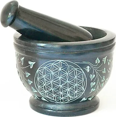 Produktbild von Mörser Blume Des Lebens Ø10cm Speckstein Schwarz mit Stößel Mortarium 1,2kg 4025