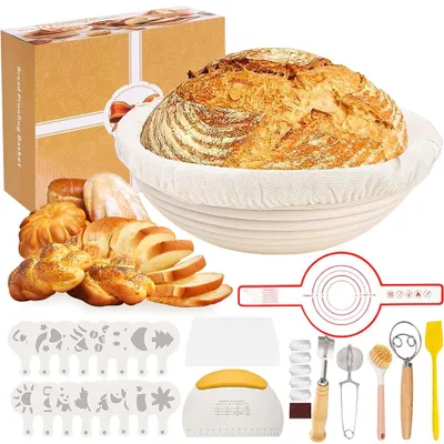 Produktbild von Juksun Gärkörbchen 23cm Set aus Natur Rattan Komplettset Brotbackzubehör für Sauerteigbrot