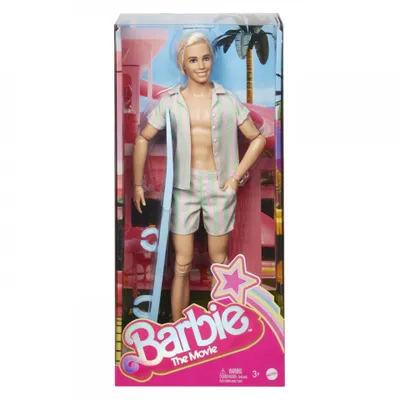 Produktbild von Barbie The Movie - Puppe Filme Fans, Ken-Puppe, Sammelpuppe im Surfbrett und Turnschuhen, beweglicher Körper, platinblondes Haar, als Geschenk für Kinder ab 3 Jahren geeignet, HPJ97