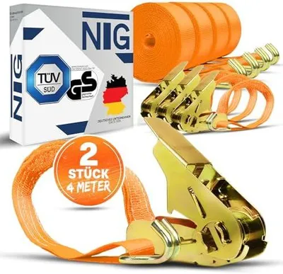 Produktbild von Spanngurte mit Ratsche | 2, 4, 6, 8, 10 oder 20 Stück | 800 kg | 4m | 2 teilig | | zweiteilig mit Haken | Ratschengurt | Zurrgurte | 25mm | 0,8 t (2 Stück)