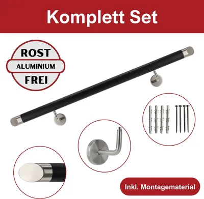Produktbild von TIBU Handlauf Aluminium Schwarz 30-600cm Wandhandlauf Treppe gewinkelte Edelstahlhalter, Länge 430 cm mit 5 Halter und schräges Endstück