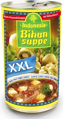 A can of Bihun soup with an image of the soup and ingredients on the label.