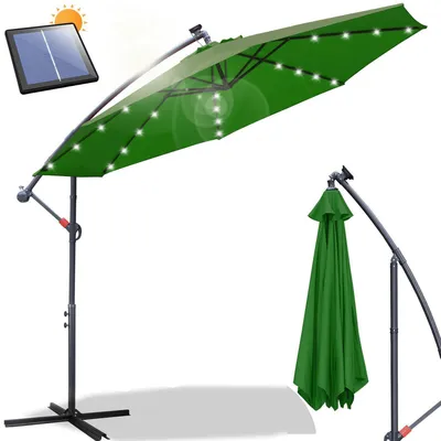 Immagine prodotto di Ombrellone da giardino con manovella, diametro 300 cm, colore verde, resistente all'acqua, con luci LED solari