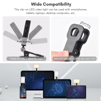 Zdjęcie produktu dla Kieszonkowa lampa LED do nagrywania wideo z uchwytem do ekranu, komputer, tablet, telefon komórkowy, konferencje, uchwyt zaciskowy, 2500 K–9000 K, regulacja jasności, wbudowany akumulator do