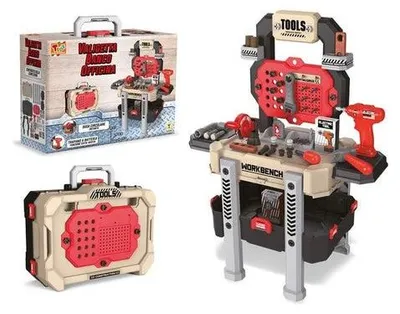 Produktbild von Robuste Spielzeug-Werkbank mit umfangreichem Werkzeug-Set, tragbar als Koffer
