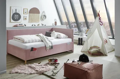 Produktbild von Meise Möbel Kinderbett Cool 120x200 cm | Bettgestell | Kopfteil & Rückenteil glatt | Cordstoff Rose | Holzfuß eiche