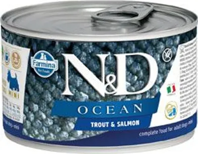 Image de N&D DOG OCEAN, nourriture pour chiens adultes, saveur truite et saumon, format mini, 140g