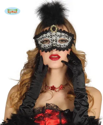 Immagine prodotto di maschera veneziana sexy in nero con piume e strass per donna