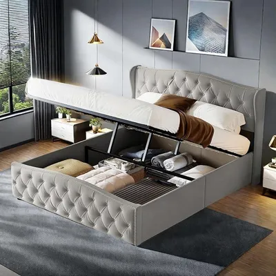 Image de Lit avec coffre de rangement 160x200 cm, lit avec système hydraulique de levage et coffre de rangement intégré sous le sommier à lattes, lit pour adolescents, lit multifonctionnel avec dossier, couleur gris, revêtement en velours, sans matelas