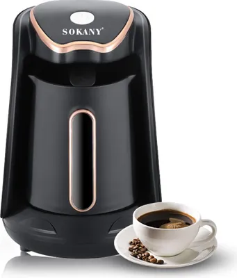 A black SOKANY electric Turkish coffee maker with gold accents is shown next to a cup of coffee and coffee beans.