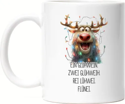 Produktbild von Ein Glühwein Zwei Glühweih Glühwein-Tasse Rentier Julklapp Geschenk Tasse Weiß Weihnachten