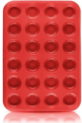 Produktbild von Ibenzoa® Silikon‑Mini‑Muffinbackform für 24 Mini‑Muffins, antihaft, rot, 34 × 24 × 2 cm – ofen‑ und gefriersicher (-40 °C bis 230 °C)