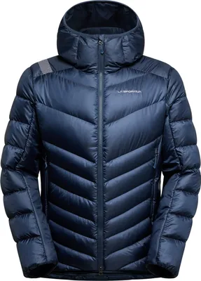 A studio shot of a blue puffer jacket.