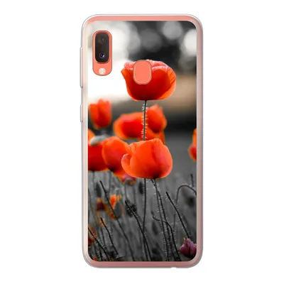 Produktbild von MuchoWow® Handyhülle Schutzhülle Hülle für Samsung Galaxy A20e Rote Mohnblumen vor schwarzem und weißem Hintergrund Silikon Softcase Handy Hülle - Abdeckung