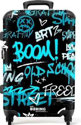 Obrázek produktu pro NoBoringSuitcases.com Tvrdý kufr střední 67x43x25 cm, 72L, barevné graffiti potisky: černá - modrá, cestovní kufr se 4 kolečky