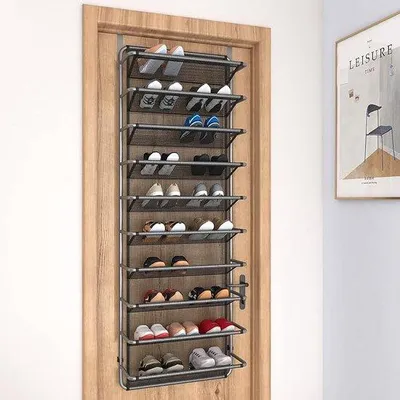 Image de Étagère à chaussures métallique à suspendre au-dessus d'une porte, à 10 niveaux, rangement à chaussures suspendu, étagère à chaussures, organiseur de chaussures métallique pour armoire (blanc mat, 55 x 19,5 x 159 cm)