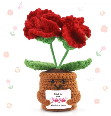 Handgehäkelte Nelke mit Karte, rot, Muttertagsgeschenk
