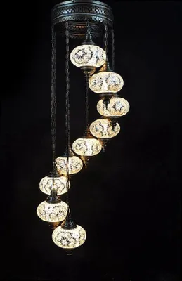 Image de Suspension turque Mozaik Lustre marocain fait main Blanc 9 boules en verre