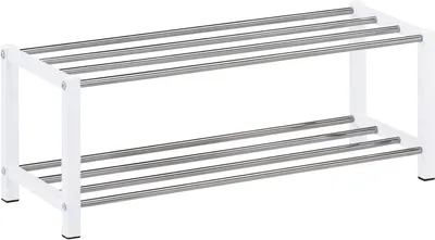 Produktbild von Schuhregal DUBLIN mit 2 Ablagen in weiß. Robustes Metallregal mit edel verchromter Schuhablage. Flurmöbel Schuhaufbewahrung, Organizer für den Flur.