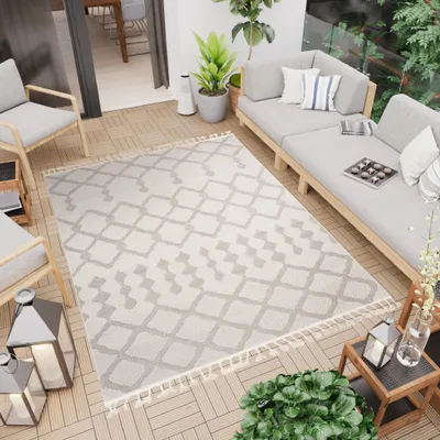 Produktbild von Teppich 3D Struktur Indoor Outdoor Modern Design Fransen Ethno Creme Beige 160 x 220 cm