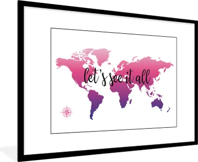 Produktbild von MuchoWow® Gerahmtes Poster Weltkarte - Rosa - Kompass 90x60 cm - Poster mit Schwarzem Bilderrahmen Wandposter Rahmen Foto Bilder - Wanddekoration - Fotos