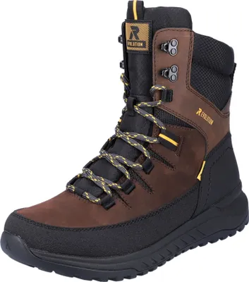 A single brown and black boot is shown against a white background.