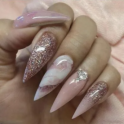 Obrázek produktu pro Umělé nehty na nalepování, styl stiletto, mramorová růžovo-zlatá manikúra, 24 kusů, dlouhé