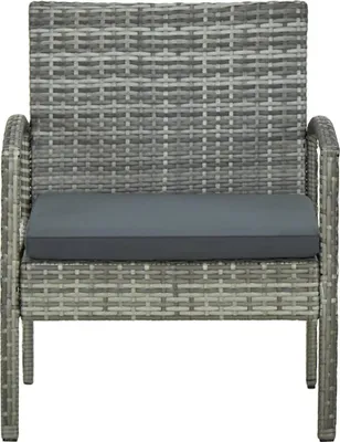 A close-up front view of a gray rattan garden chair with a dark gray cushion.