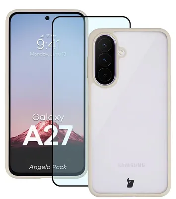 Produktbild von Schutzhülle + gehärtetem Glas für Galaxy A27 5G, Bizon Angelo Pack, Semitransparent mit beigem Rahmen