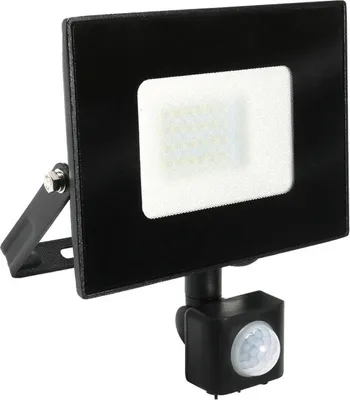 A black LED floodlight with a motion sensor attached to the bottom, shown against a white background.