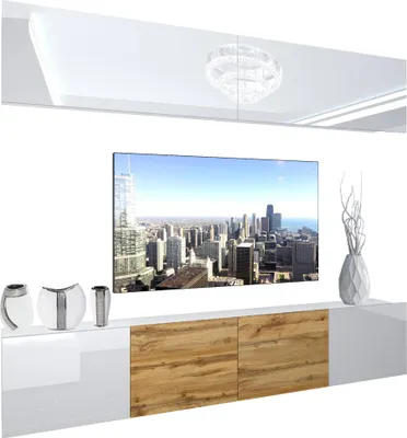 Produktbild von BELINI Wohnwand Vollausstattung Wohnzimmer-Set Moderne Schrankwand mit LED-Beleuchtung Weiß Glänzend Anbauwand TV-Schrank Weiß / Eiche Wotan Glänzend/Matt