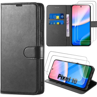 Image de Coque + 2 Verres Trempés pour Google Pixel 10, Protection Rabat Anti-Rayures Antichoc Synthécuir Noir