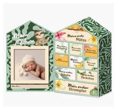 Produktbild von hausleben Baby Erinnerungsbox mit 10 Schubladen & Fotorahmen – Grüne Meilenstein Erinnerungskiste für Geburt & Taufe – Aufbewahrungsbox & Schatztruhe – Baby Geschenkbox