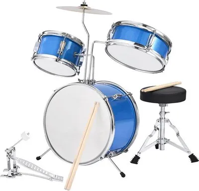 Immagine prodotto di Kit di batteria per bambini, 14 pollici, blu, completo di sgabello, piatto, 2 paia di bacchette, set di strumenti musicali per principianti, adatto a bambini dai 6 ai 13 anni